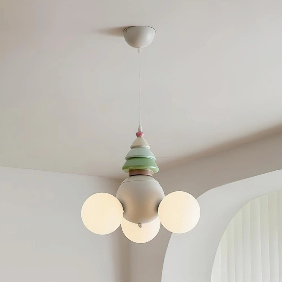 Five-head modern pendant light mounted on white minimalist ceiling with arched doorway