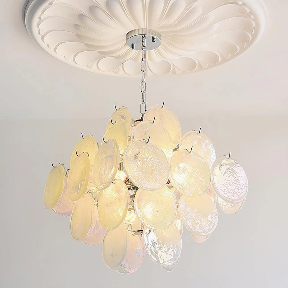 Contemporary Murano glass disc chandelier small model 60cm installed view in elegant residential space