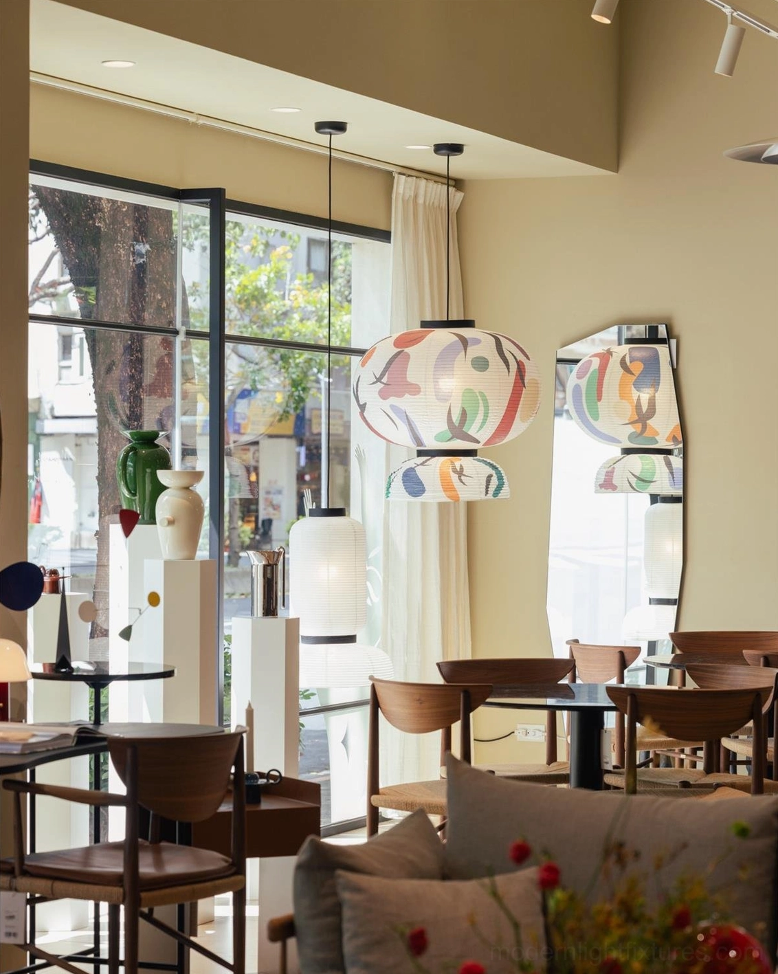 Contemporary paper pendant light fixture with multicolor brushwork pattern and layered spherical design for modern home decor
