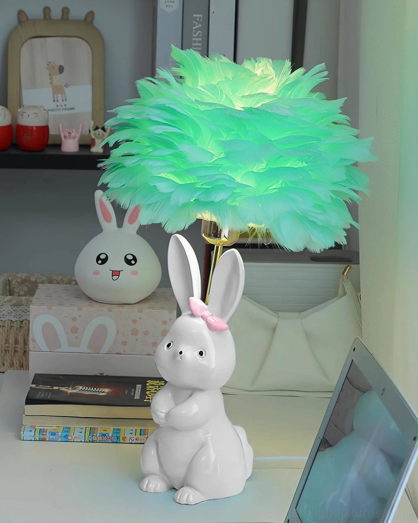 Whimsical bunny table lamp with soft feather shade in contemporary pastel colors - desk lighting