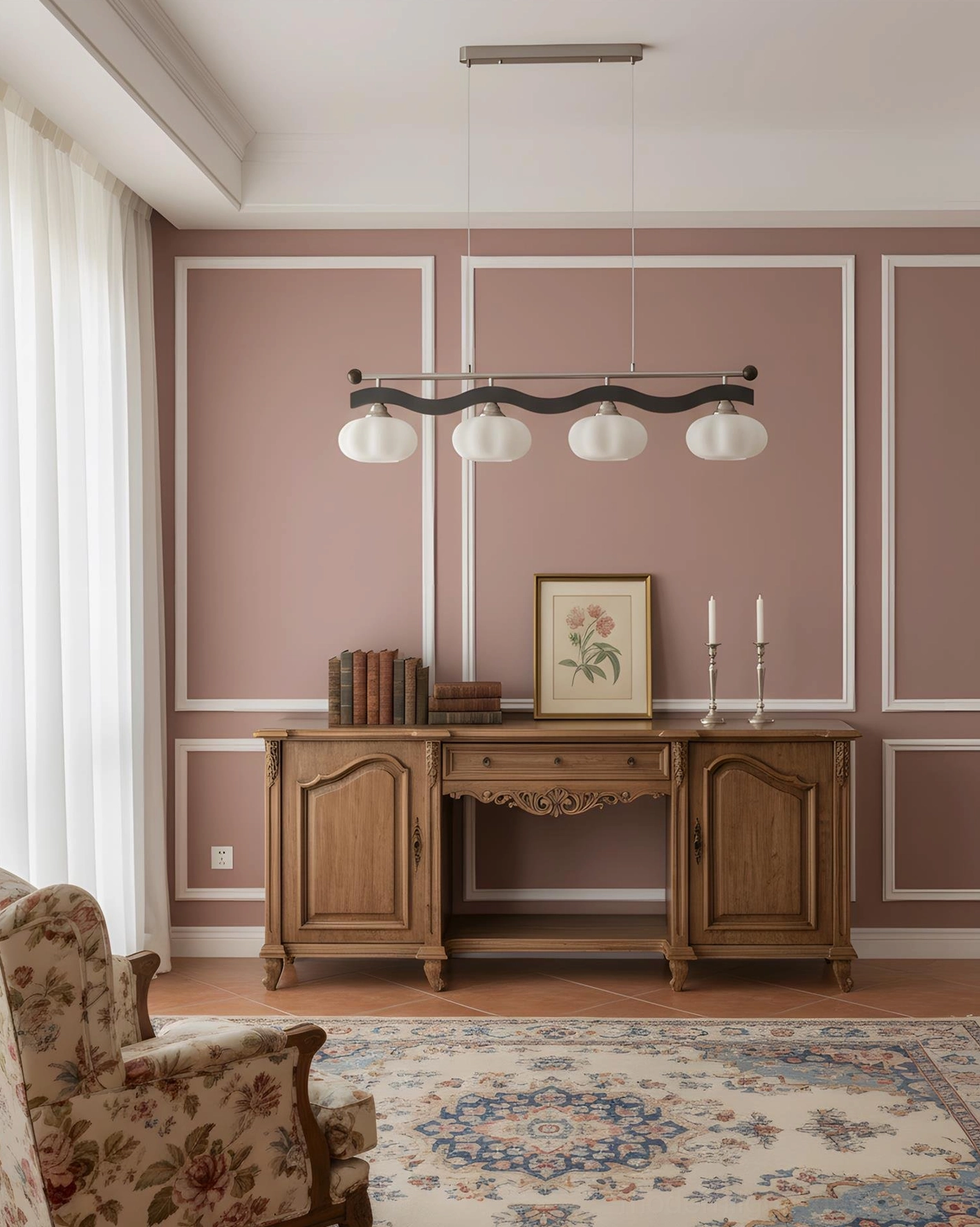 Contemporary pendant chandelier with multiple frosted glass domes and sculptural metal frame overhead lighting design