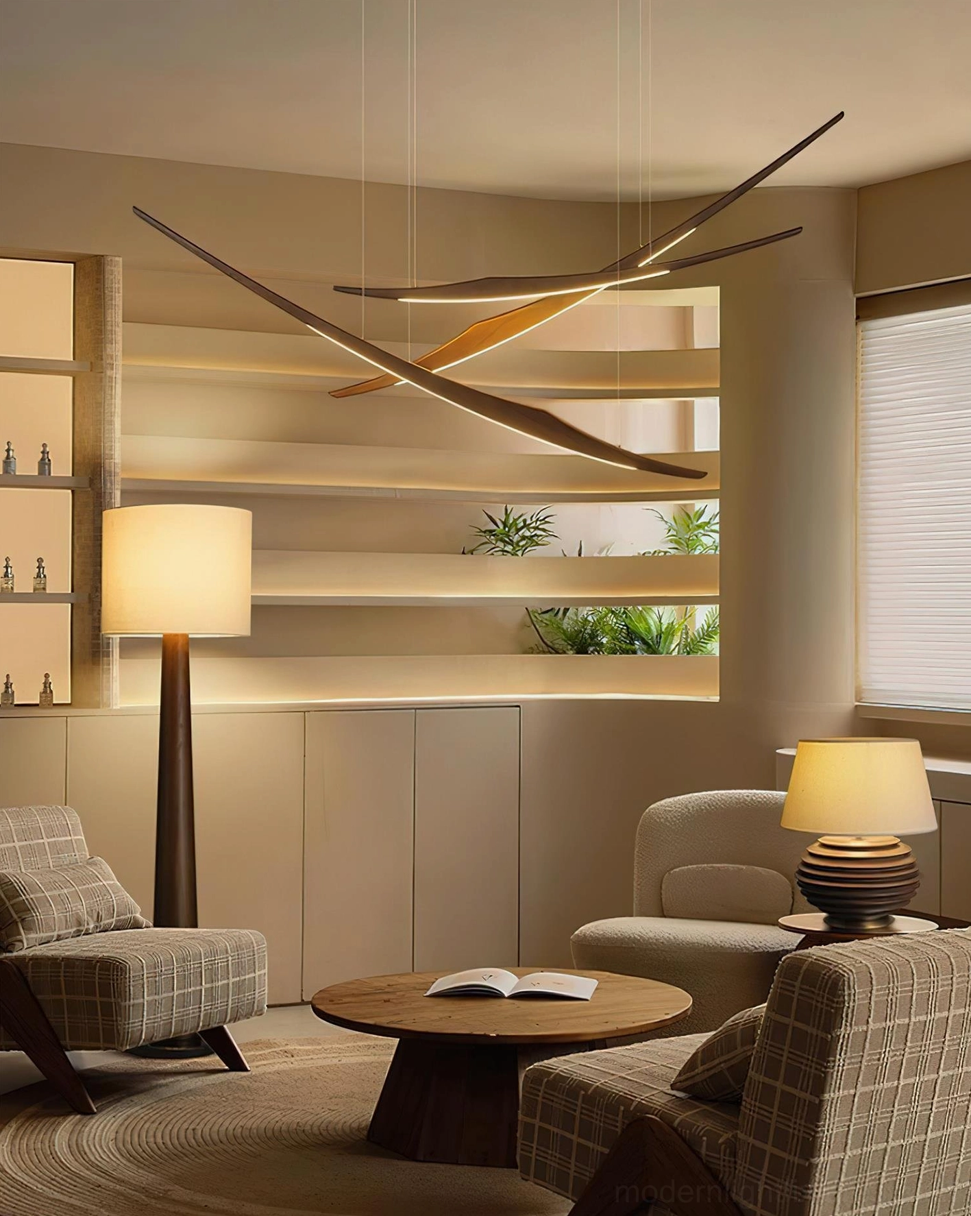 Wooden arc pendant light installed above modern living room with open shelves