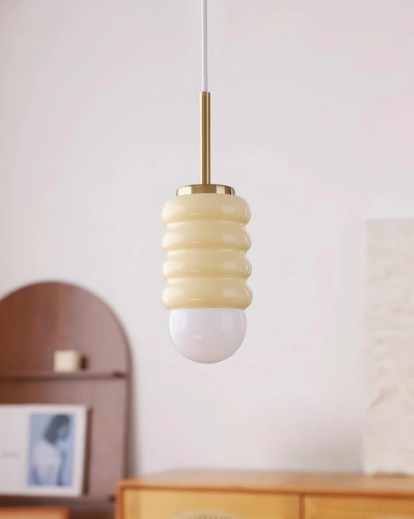 Contemporary pendant light fixture with ceramic shade, adjustable cord design for various ceiling heights