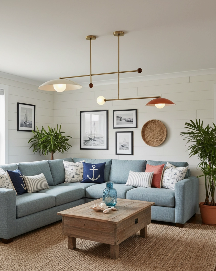Linear pendant light in nautical coastal living room with blue sectional sofa, mid-century modern brass fixture