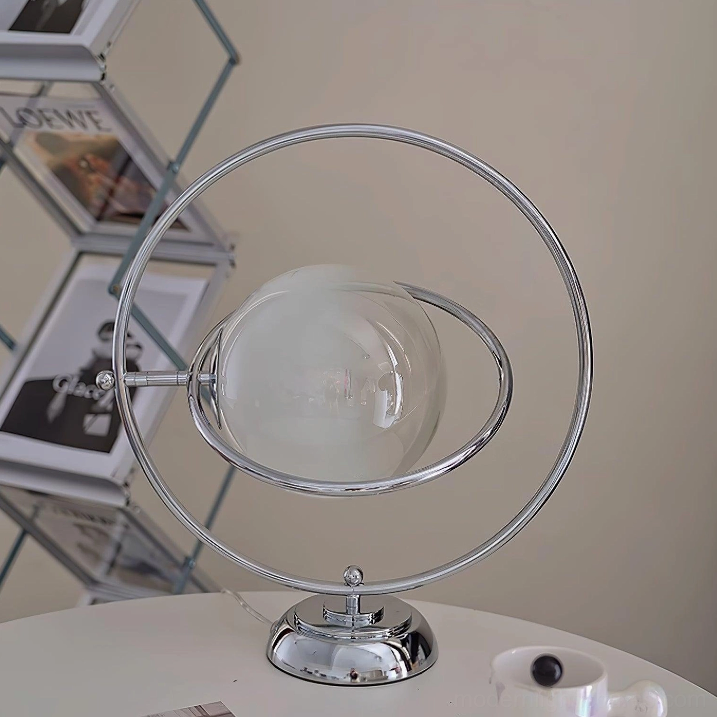 Contemporary globe table lamp retro-futuristic design detail and craftsmanship