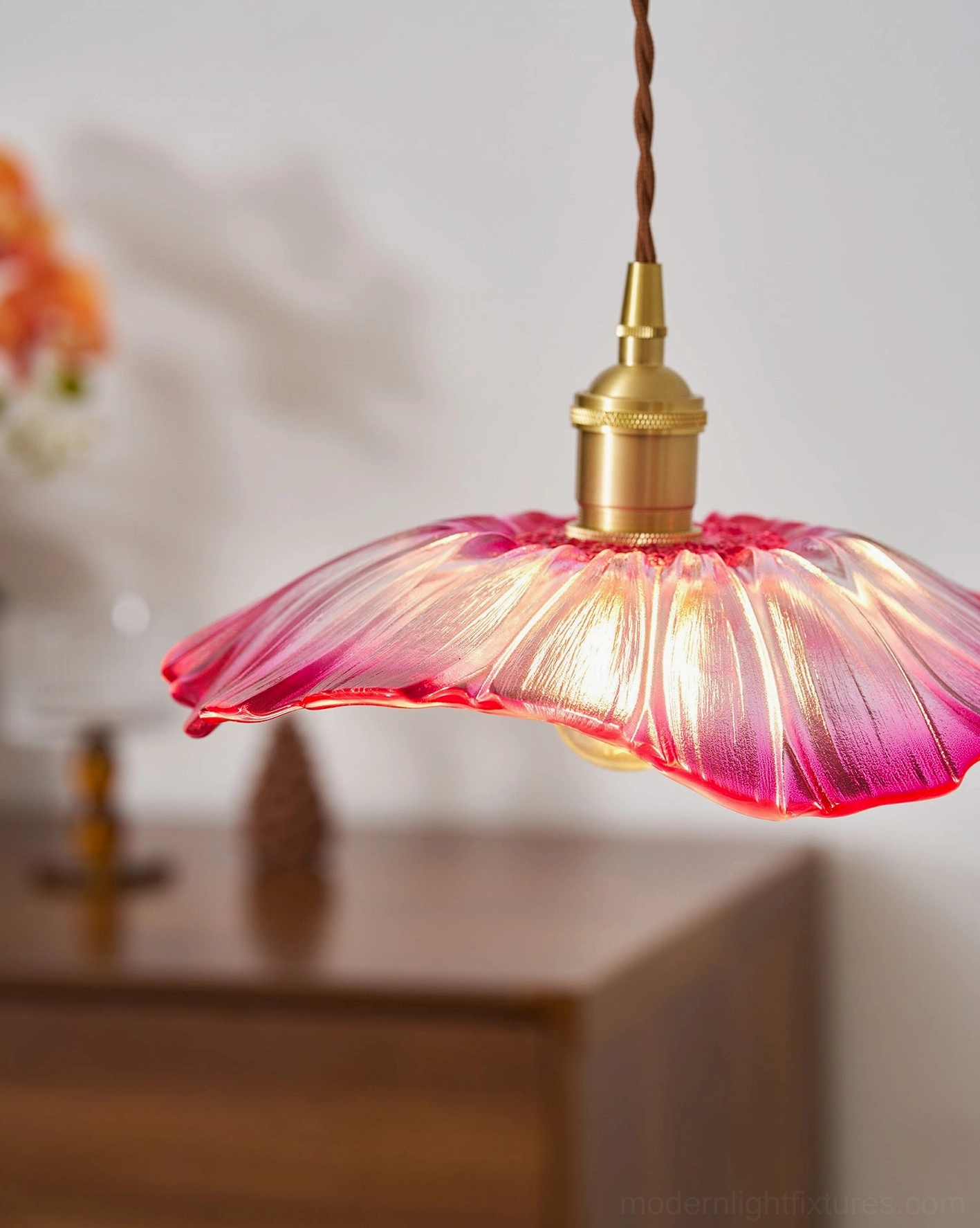 Contemporary plug-in flower glass pendant with multiple color finish options
