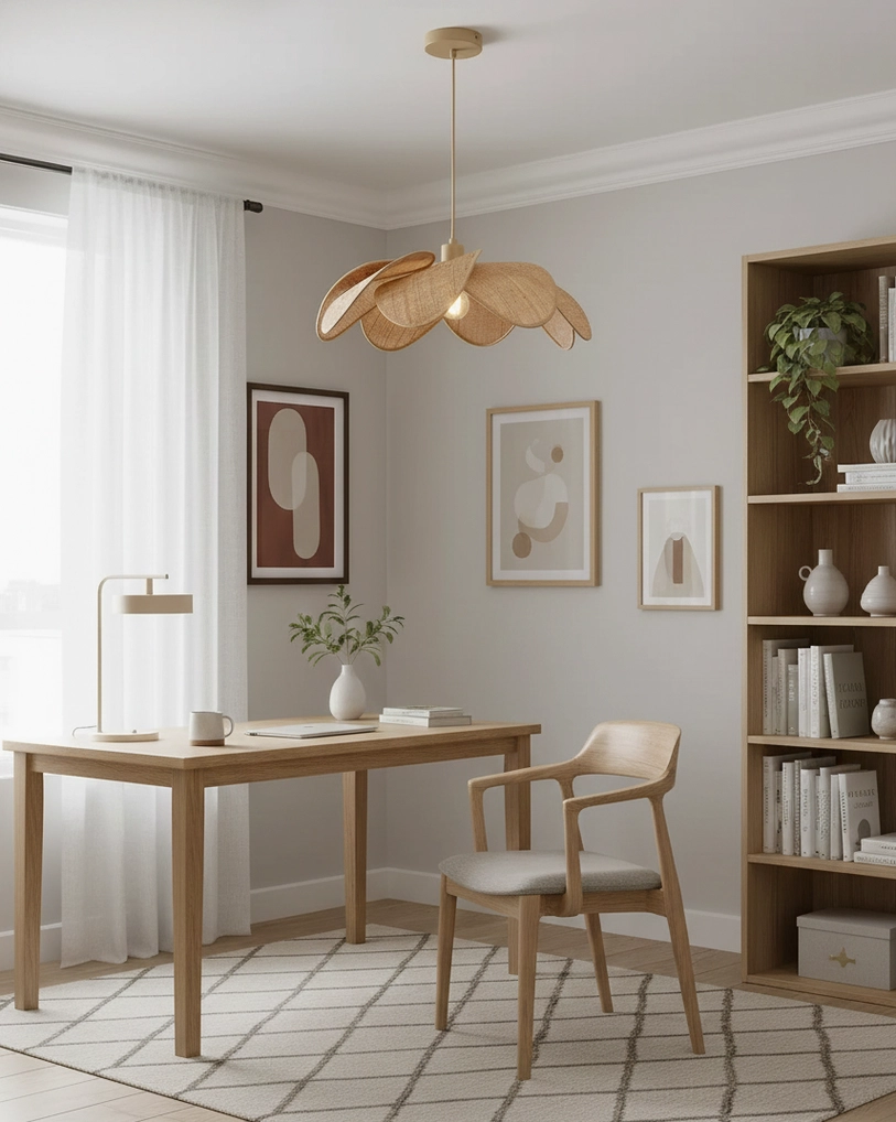 Contemporary hanging lamp featuring hand-woven rattan petals and minimalist metal frame design