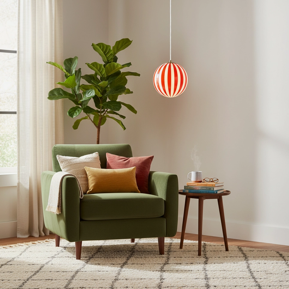 Contemporary red striped frosted glass spherical pendant light hanging fixture detail