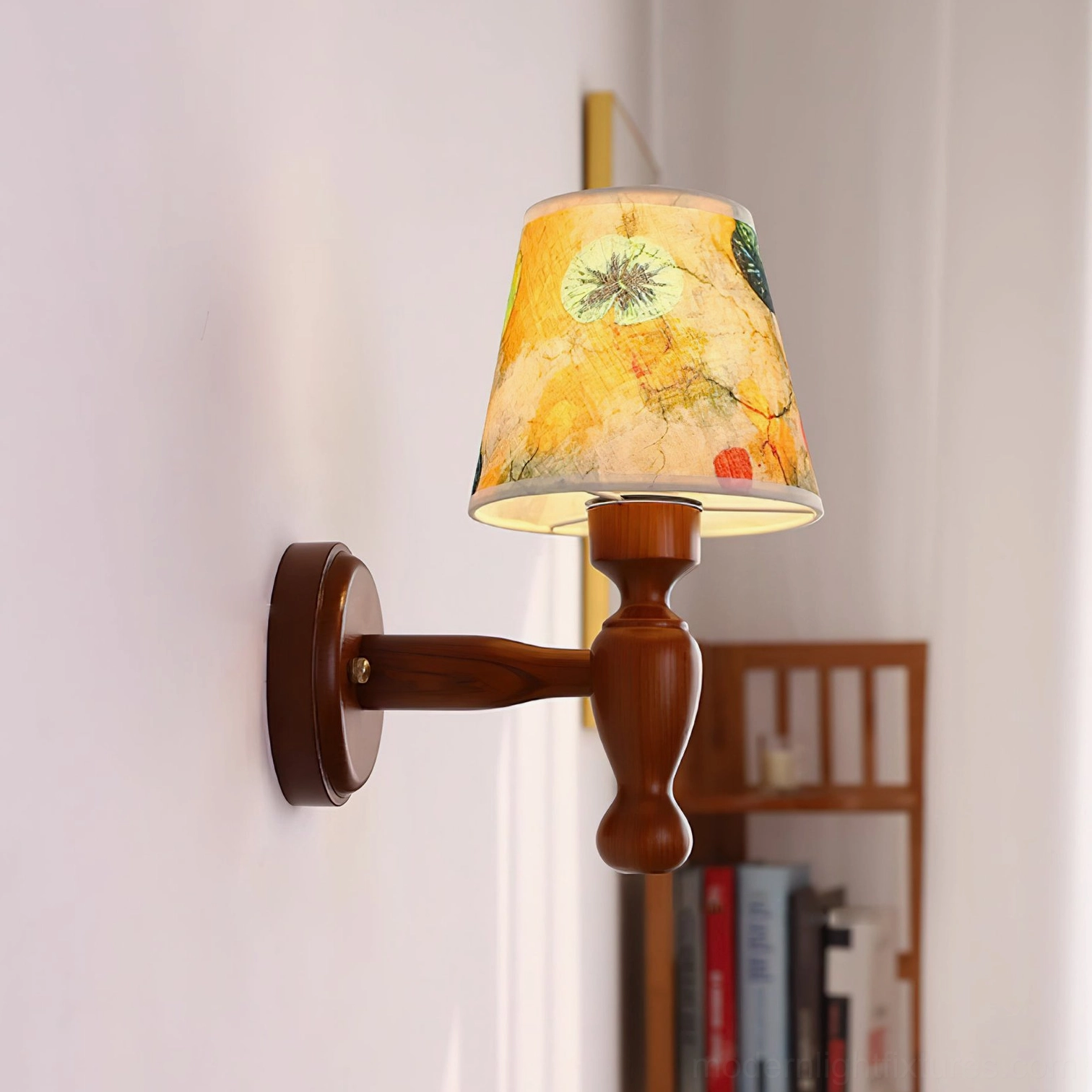 Contemporary wooden wall sconce, patterned fabric shade detail view