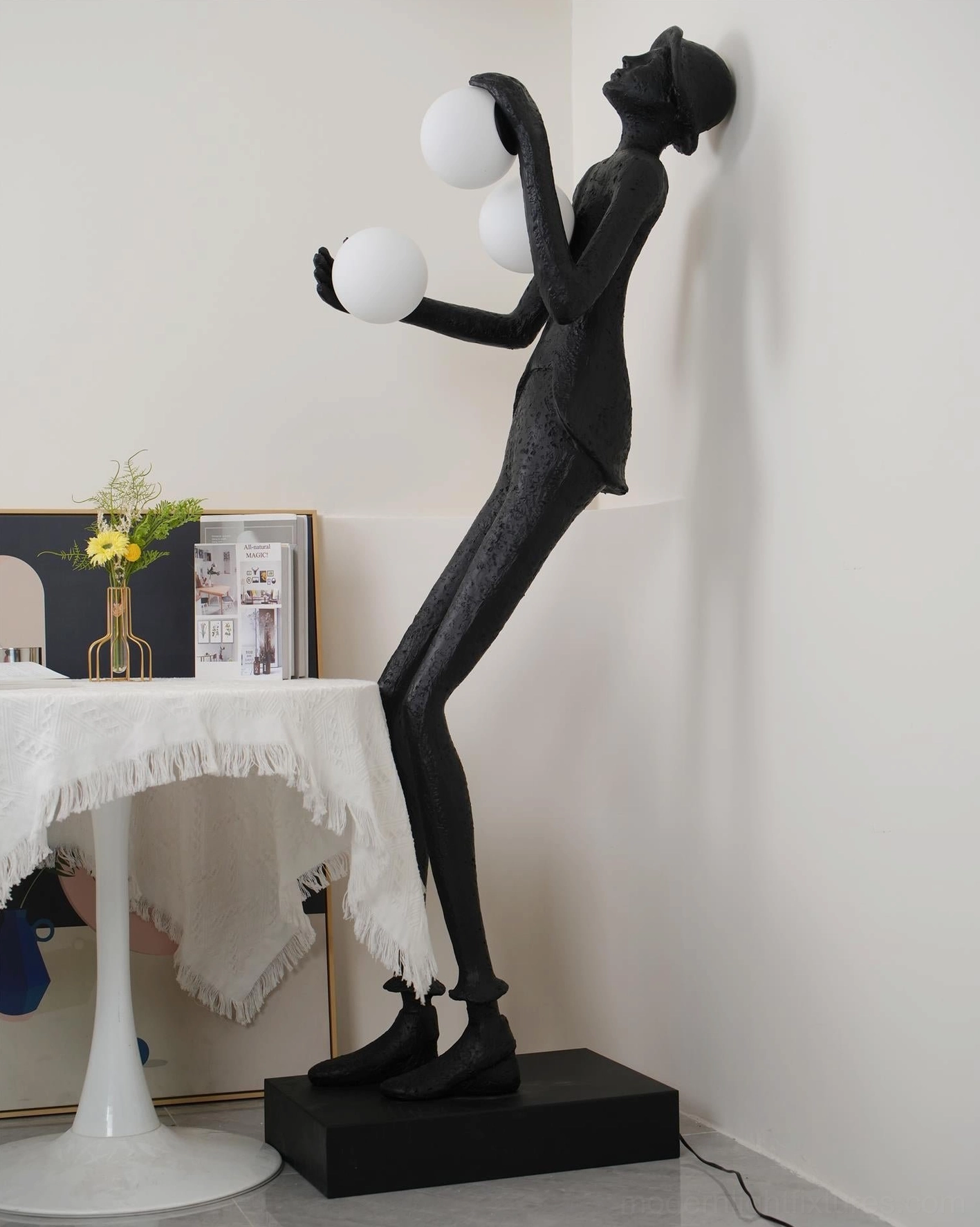 Contemporary humanoid sculpture floor lamp frosted glass orbs elegant black resin textured design