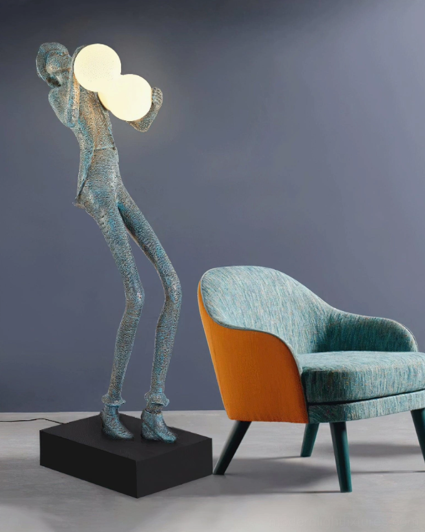 Contemporary humanoid sculpture floor lamp with frosted glass globe lighting in modern living space