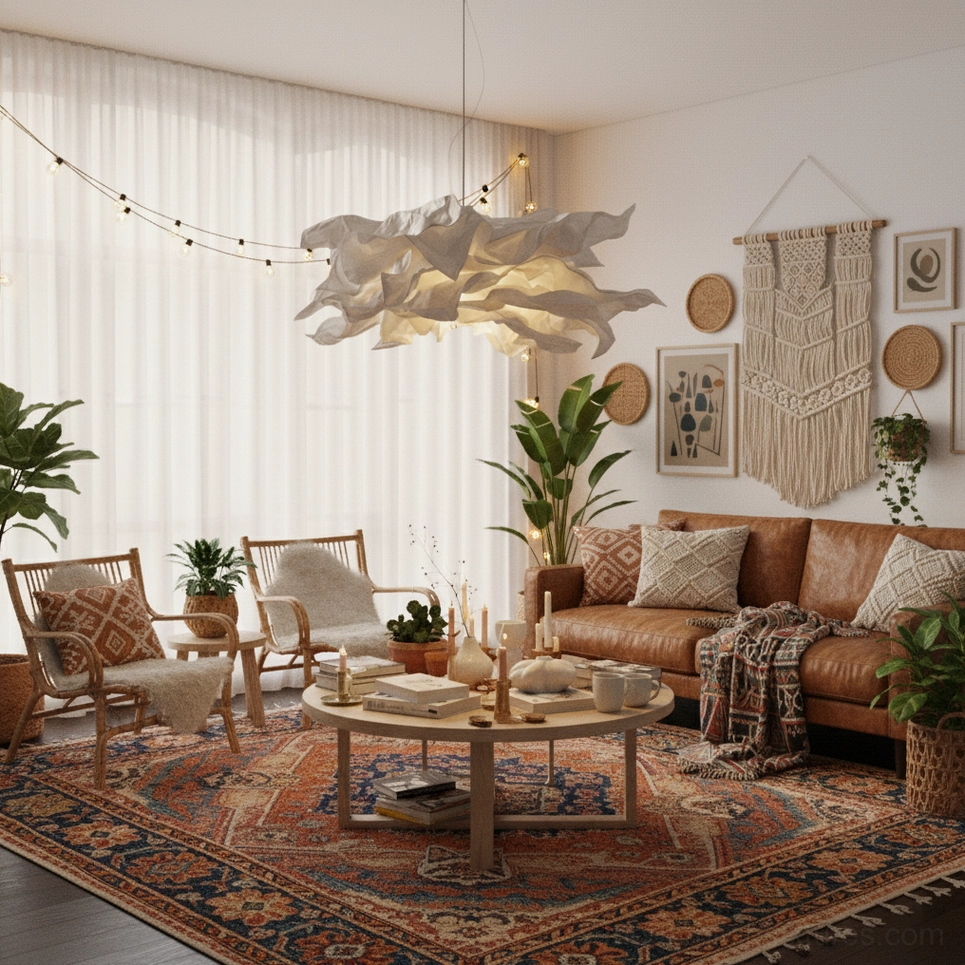 Minimalist artistic paper pendant light suspended from ceiling in contemporary interior space