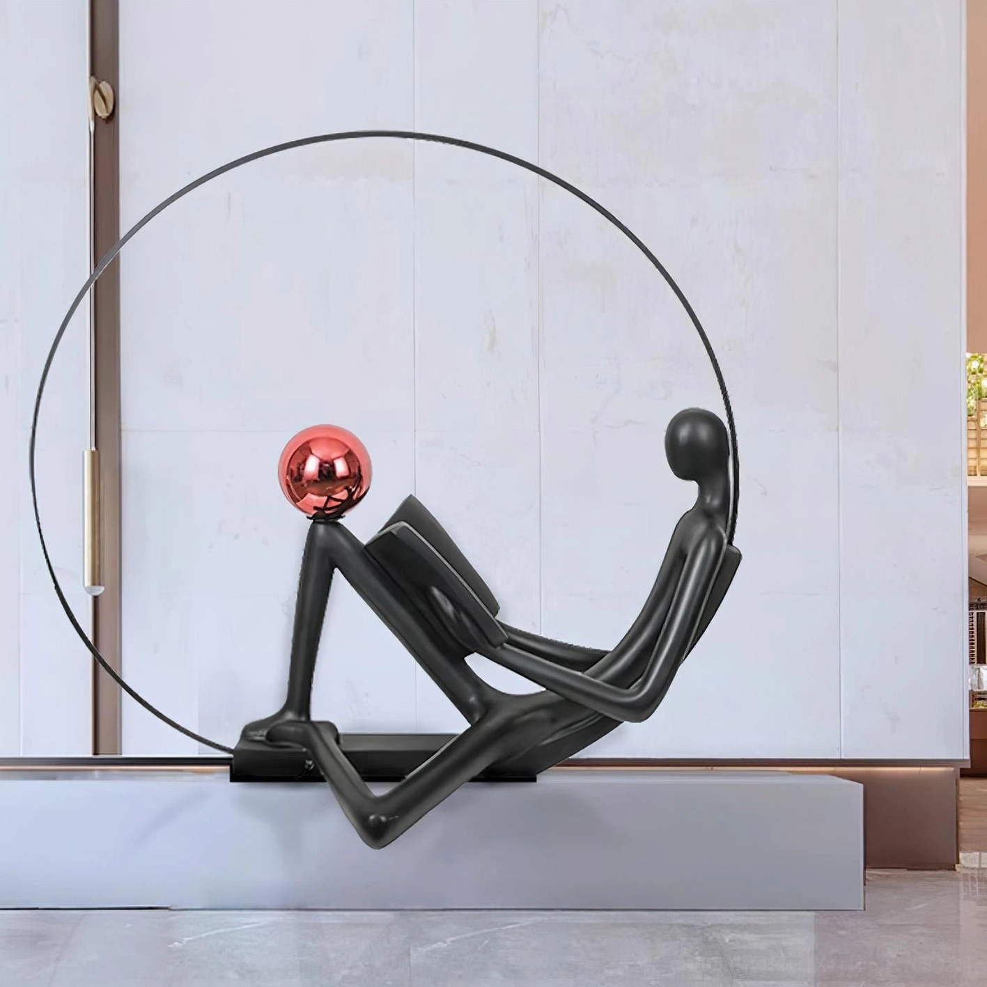 Contemporary sculptural reading floor lamp, artistic statement piece for modern home, black statue with red globe