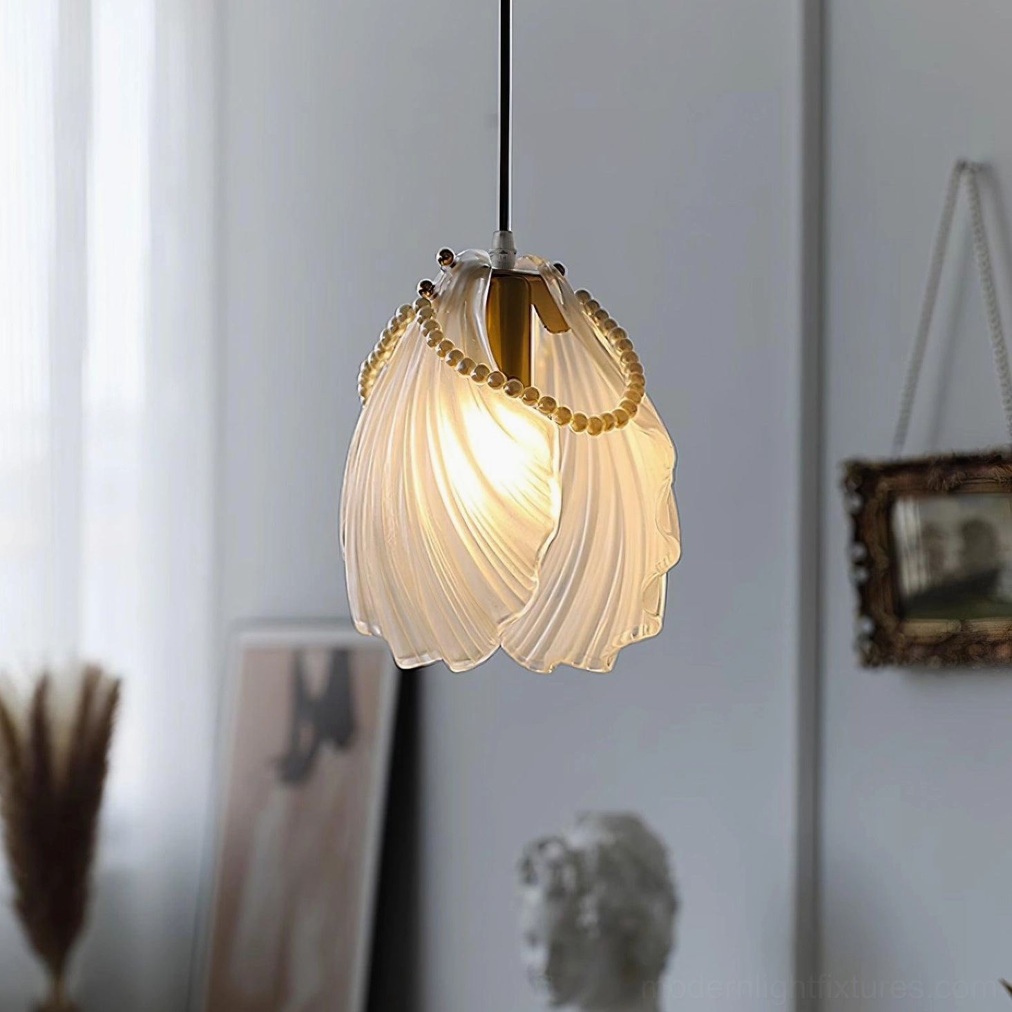 Contemporary shell pendant lamp with translucent frosted glass and modern hanging hardware