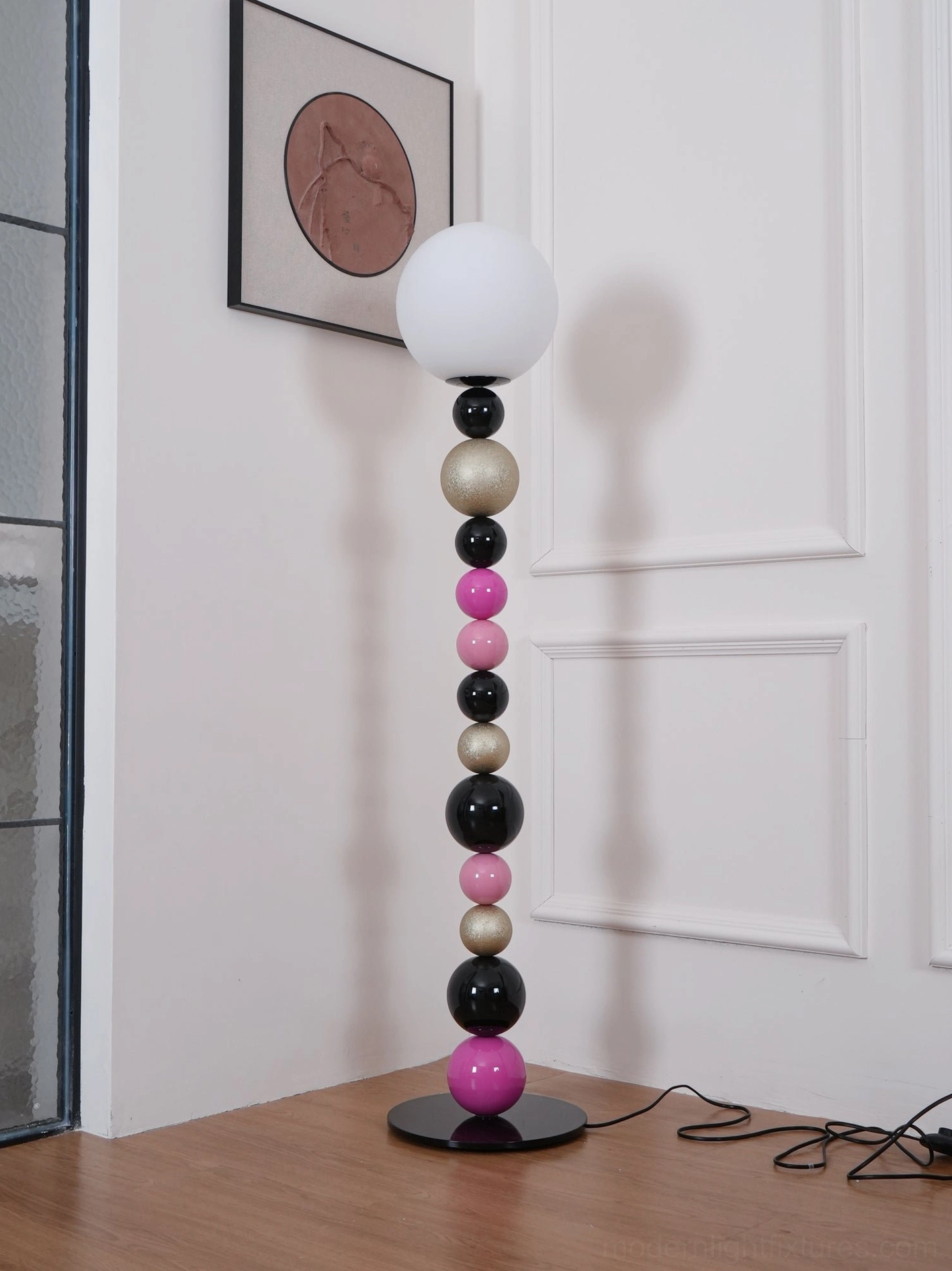 Colorful sphere floor lamp in contemporary interior setting, modern statement lighting fixture