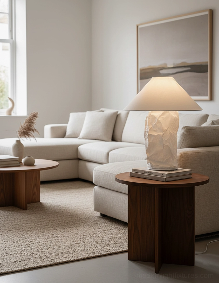 Modern minimalist lounge with sculptural white table lamp on dark wood side table