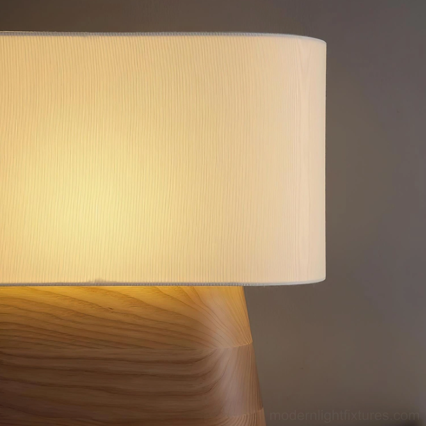 Contemporary tapered wood table lamp base with diffused soft fabric lighting shade
