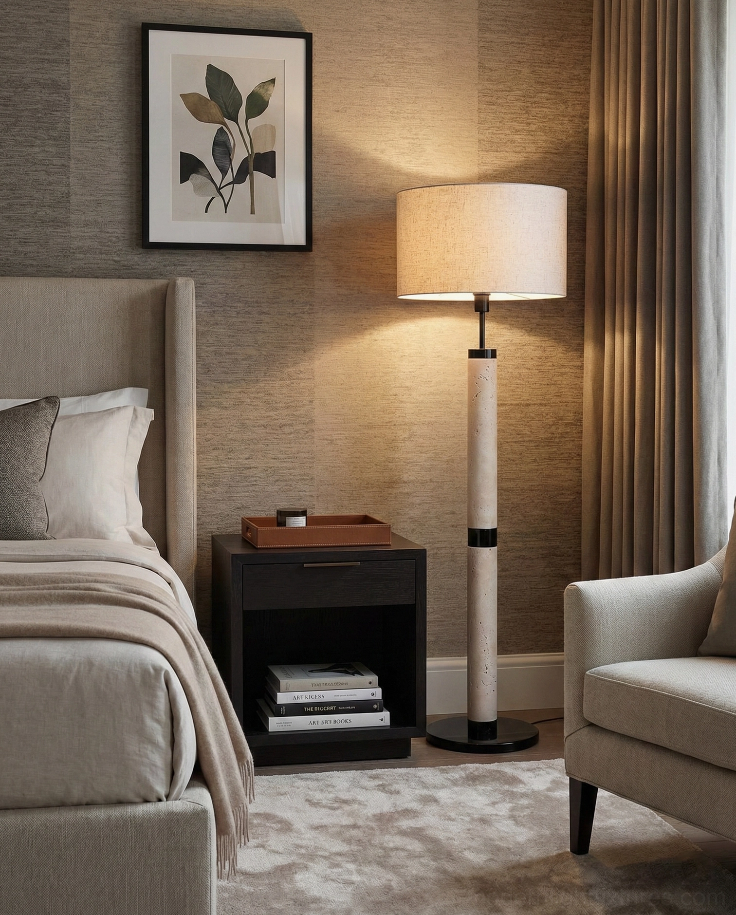 Contemporary travertine floor lamp with black metal accents - sculptural stone column standing light design