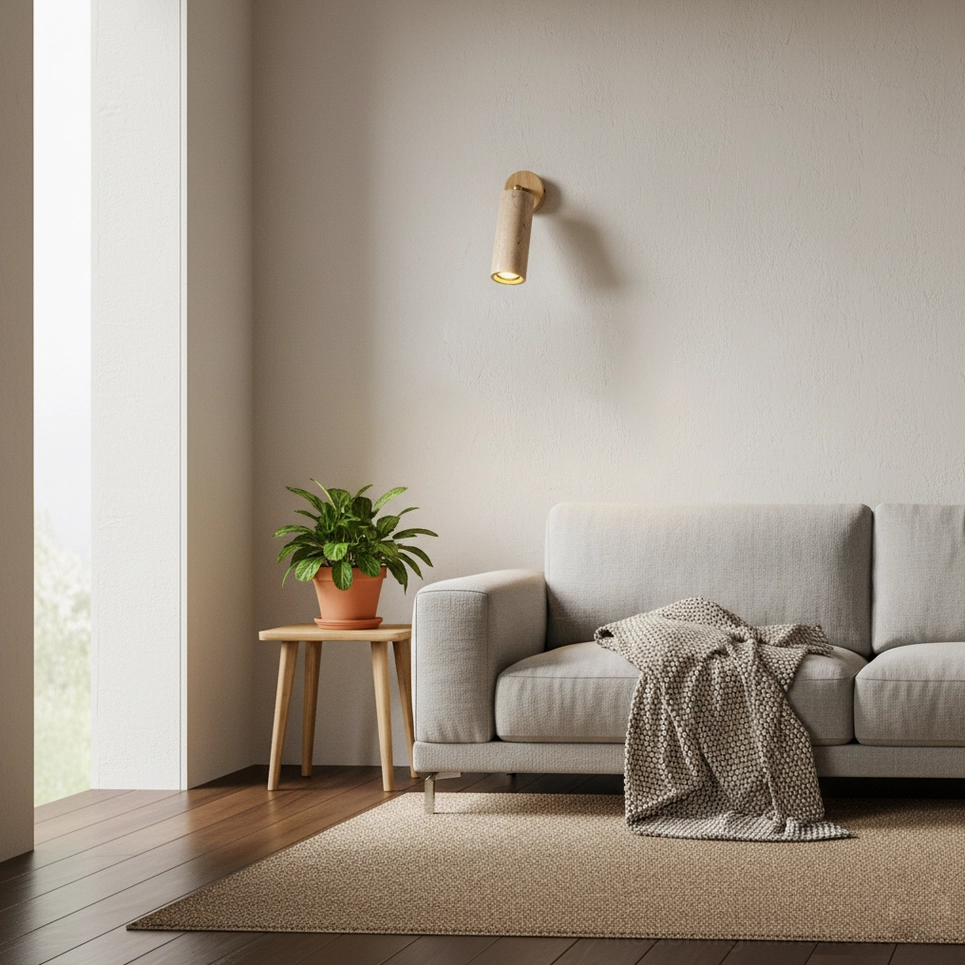 Mireille travertine wall sconce positioned in contemporary bedroom with soft warm glow and neutral tone decor