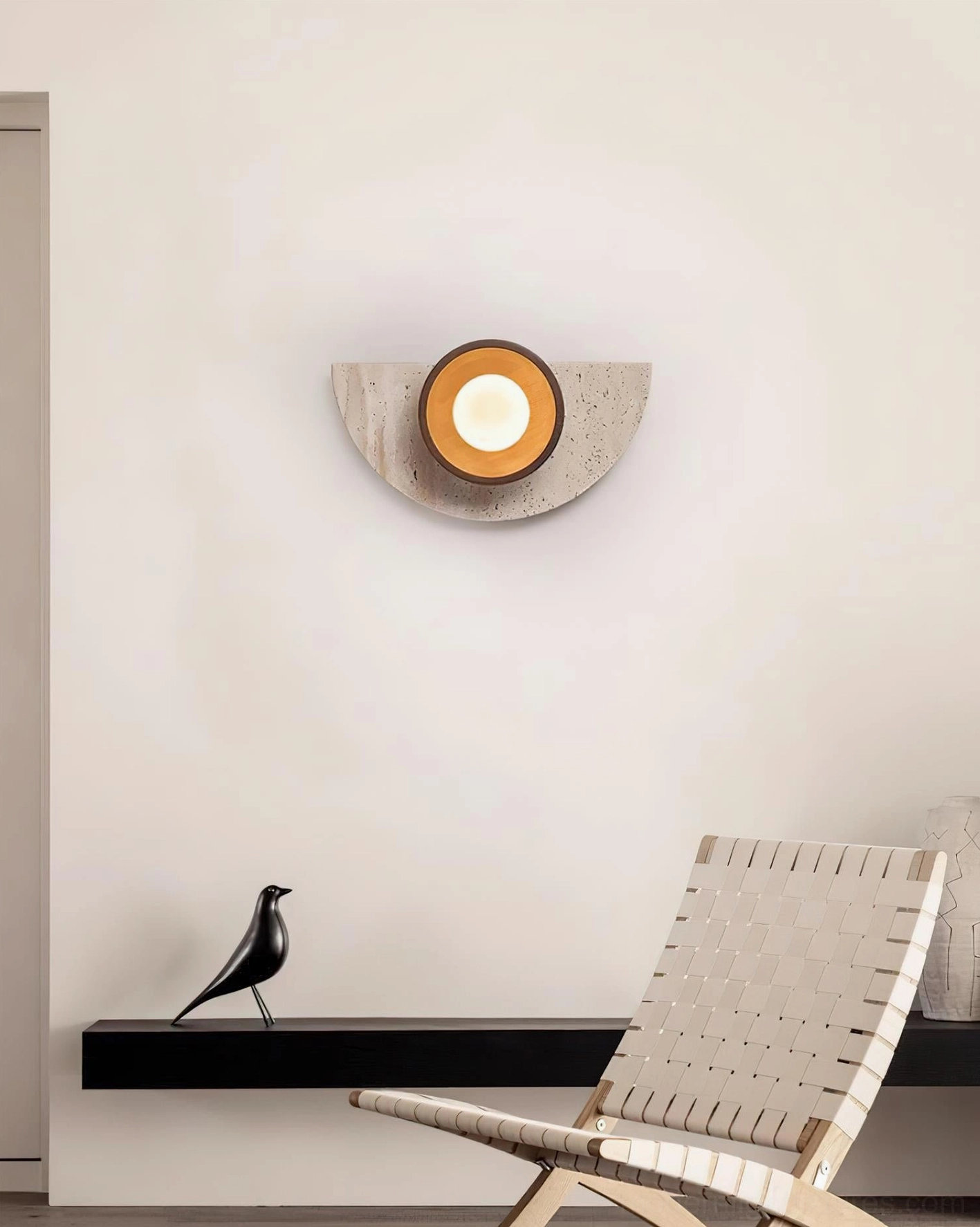 Contemporary wall sconce crafted from natural travertine and premium wood with frosted glass element