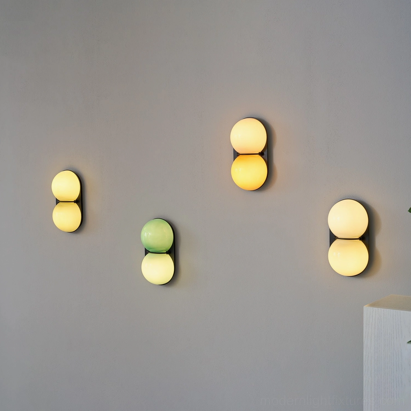 Contemporary Twinwave wall sconce mounted accent wall with dual luminous sphere design