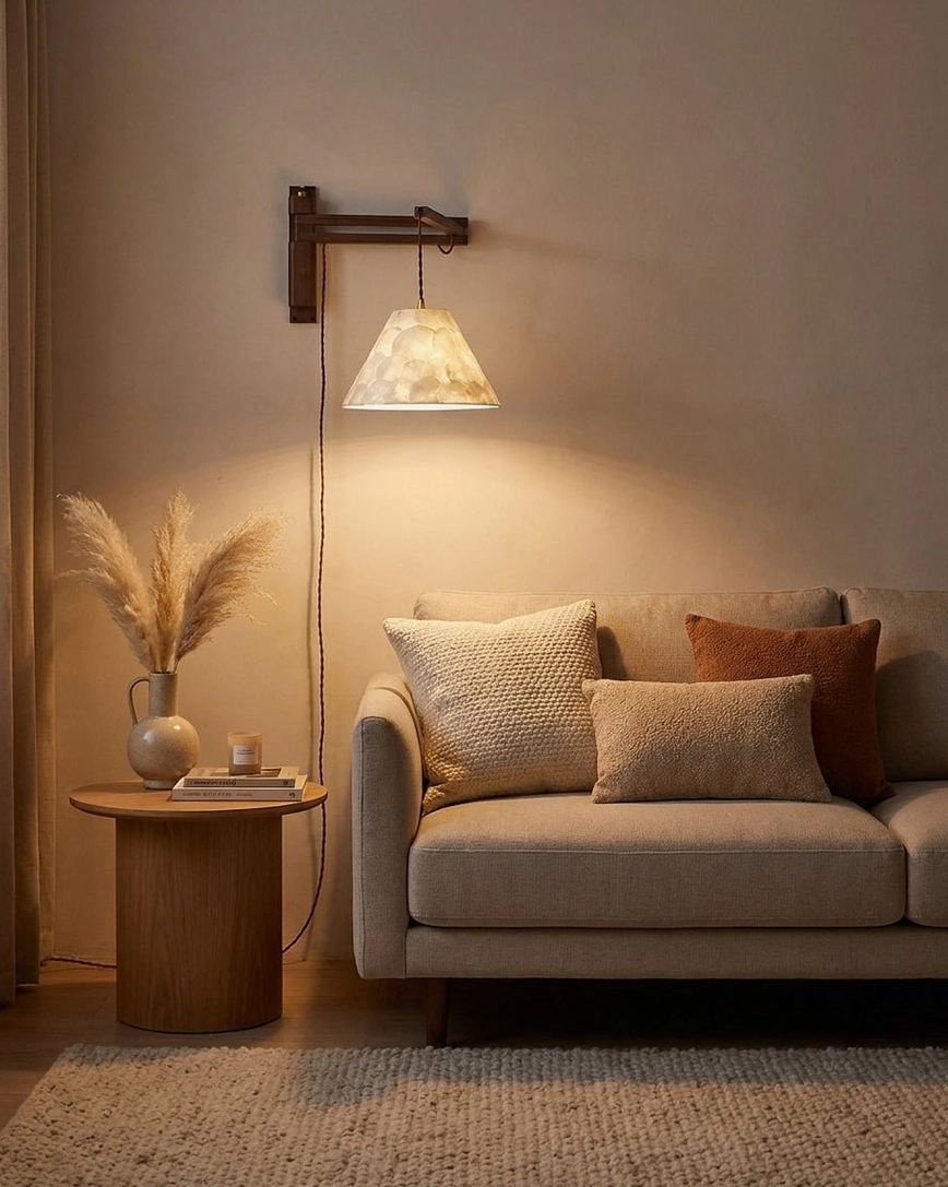 Contemporary swing-arm wall sconce above sofa in warm neutral living room, ambient interior lighting