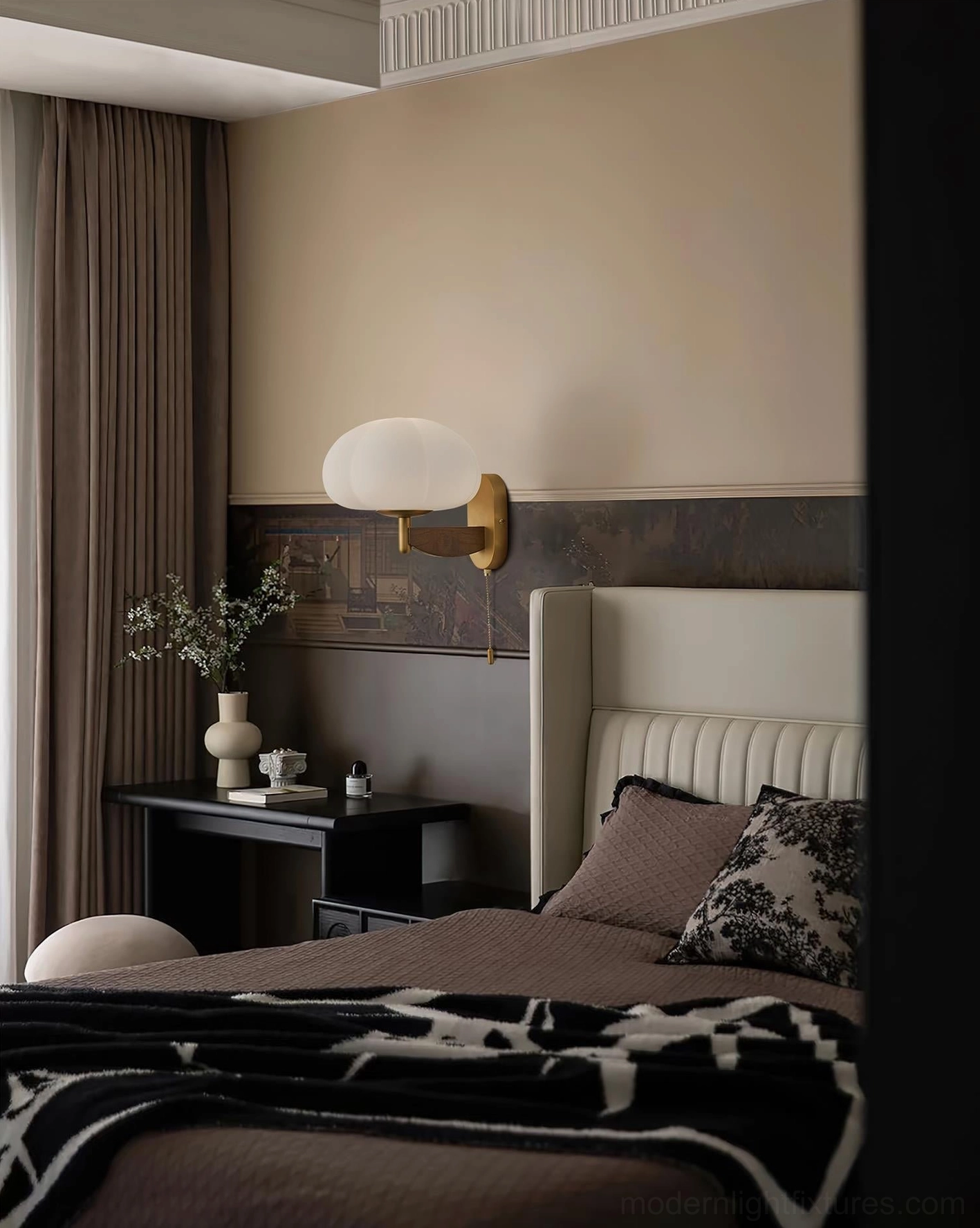 Contemporary wall sconce fixture with clean lines and mixed metal wood construction