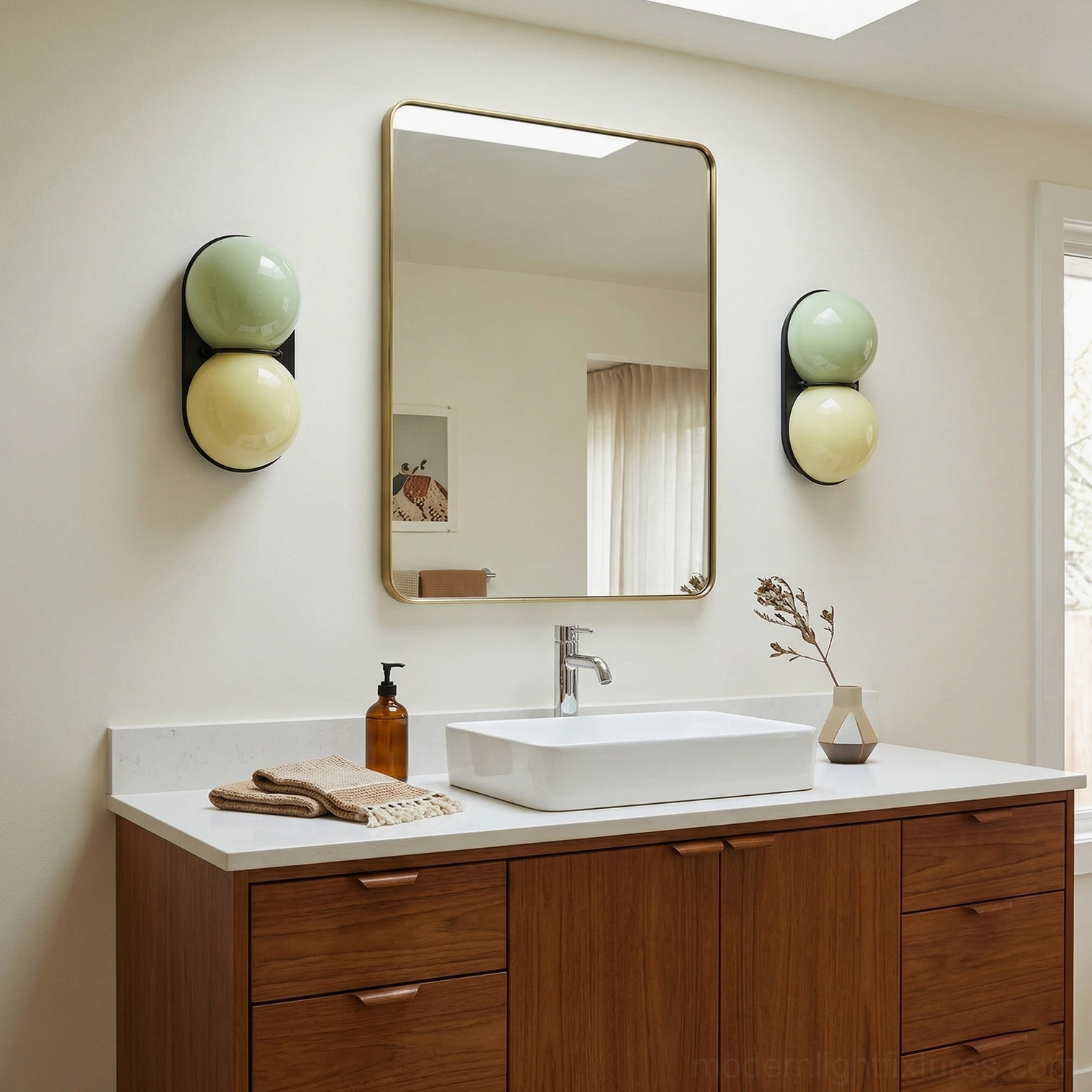 Contemporary wall sconce lighting with Twinwave double glass globe design in modern home setting