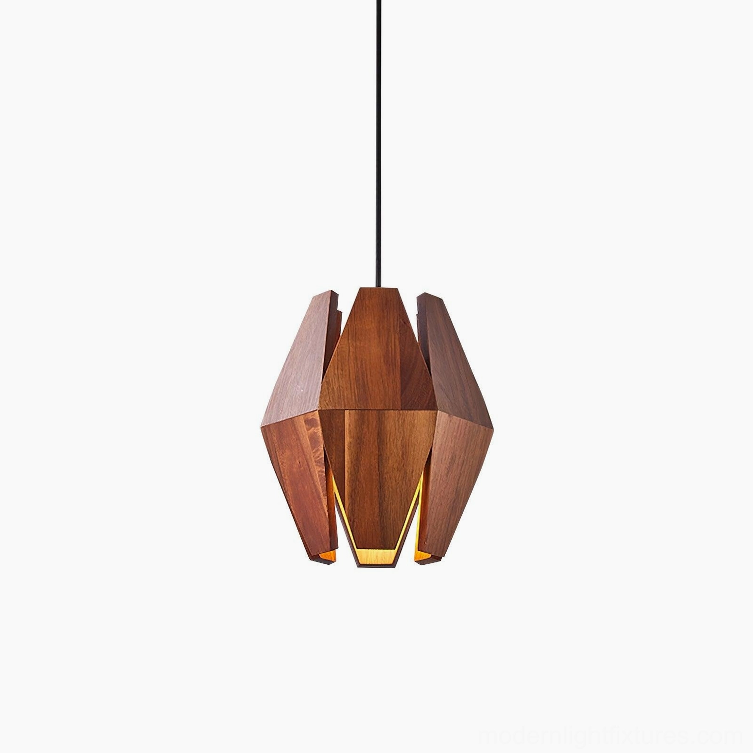 Contemporary walnut wood pendant light installation in residential home setting