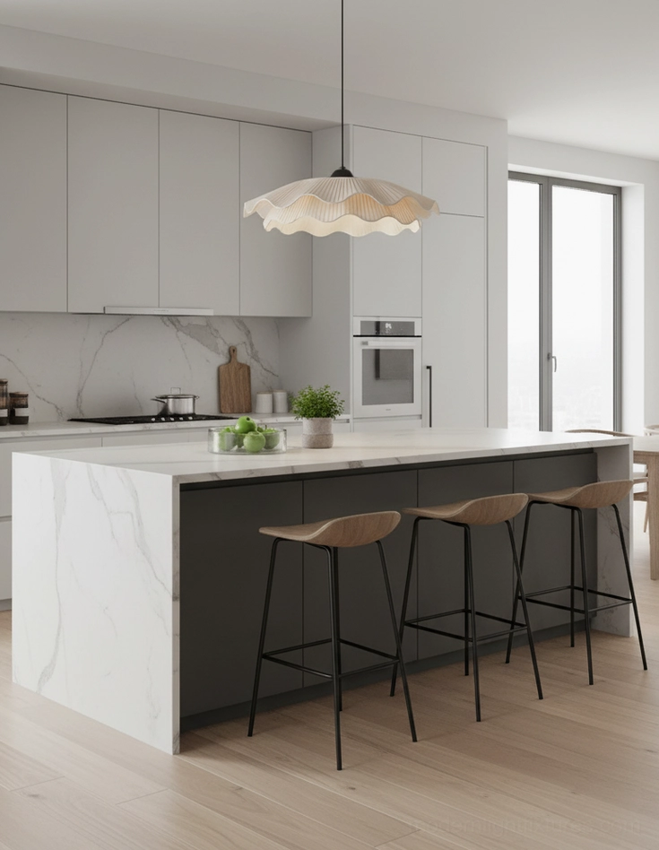 Modern rippled pendant light over white marble kitchen island with black bar stools