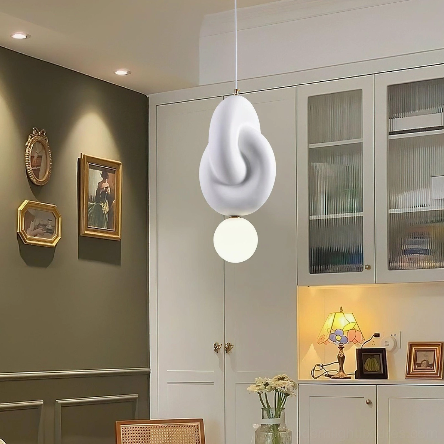 Contemporary layered pendant light in white, modern interior lighting fixture installation example