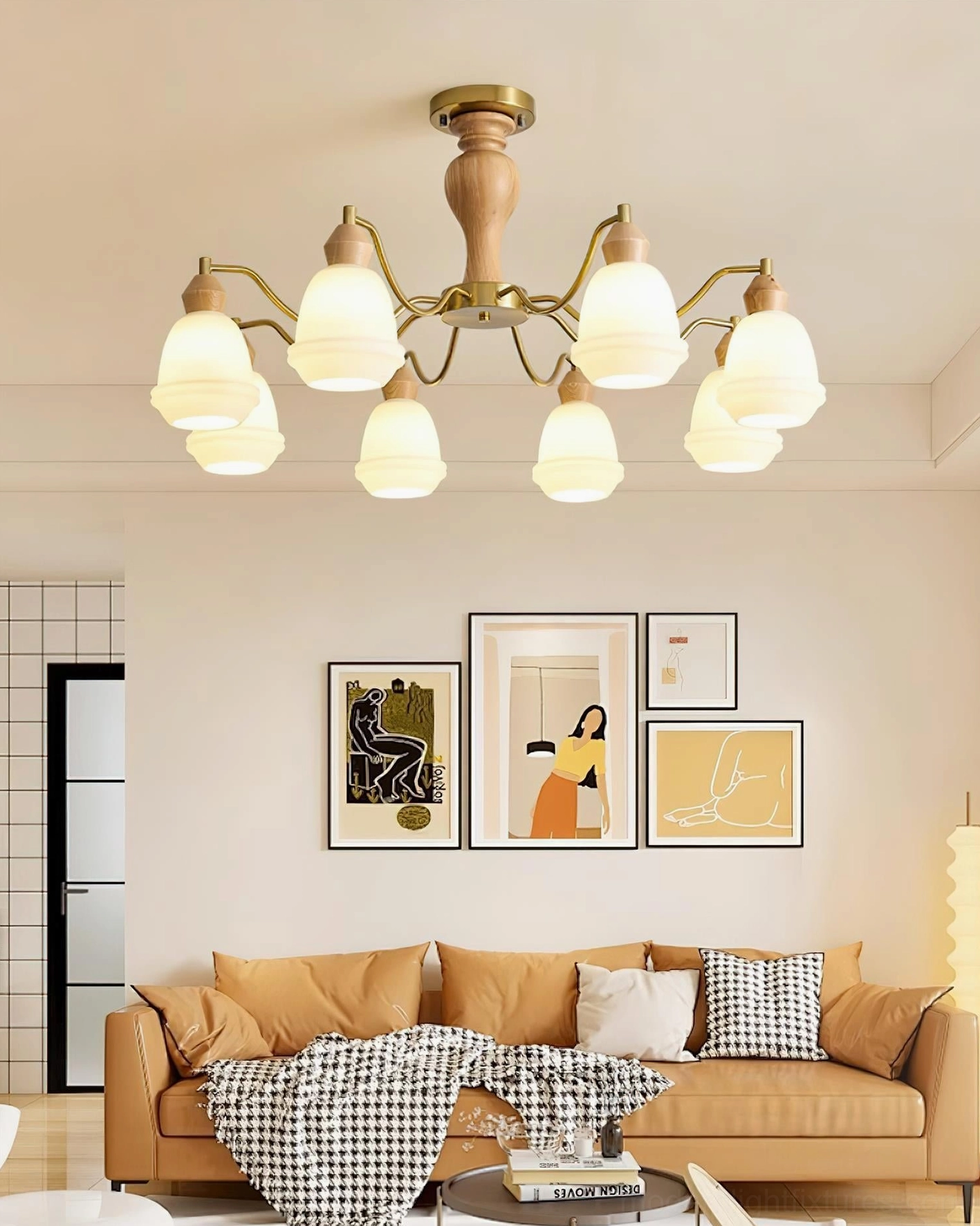Contemporary wood and brass multi-light chandelier frosted glass shade close-up