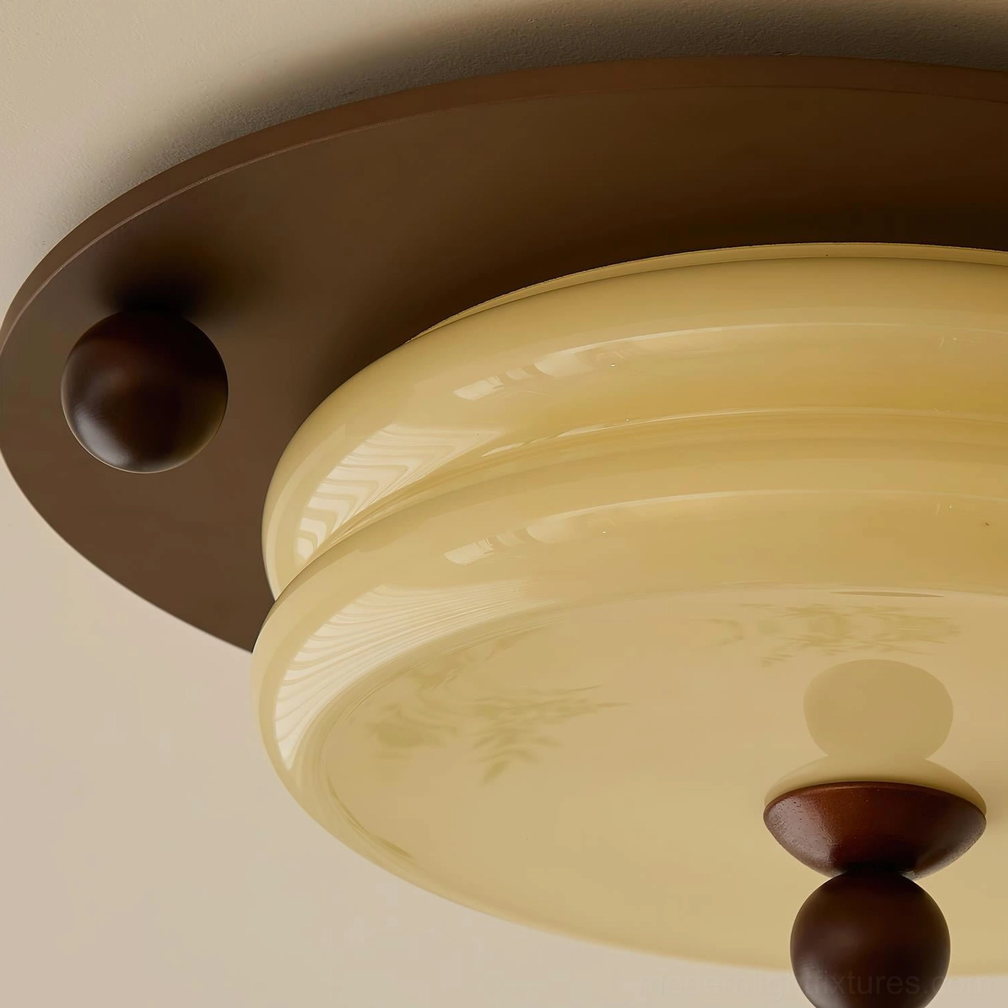 Contemporary wood ceiling light with frosted glass shade and metal accents overhead view