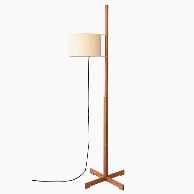 Contemporary wooden floor lamp with fabric drum shade, elegant Nordic Scandinavian style