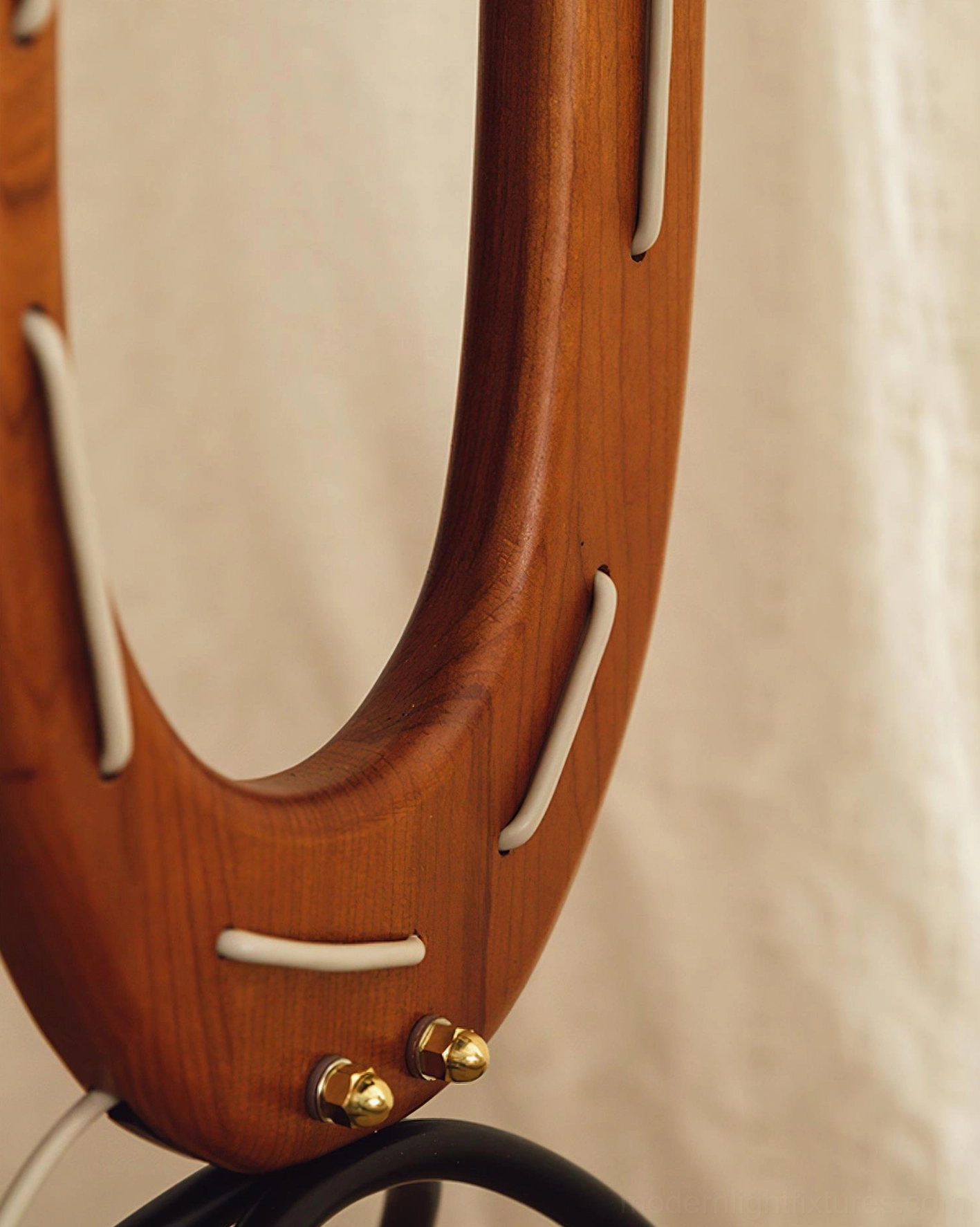 Contemporary wood floor lamp with integrated side table and tripod base full product view