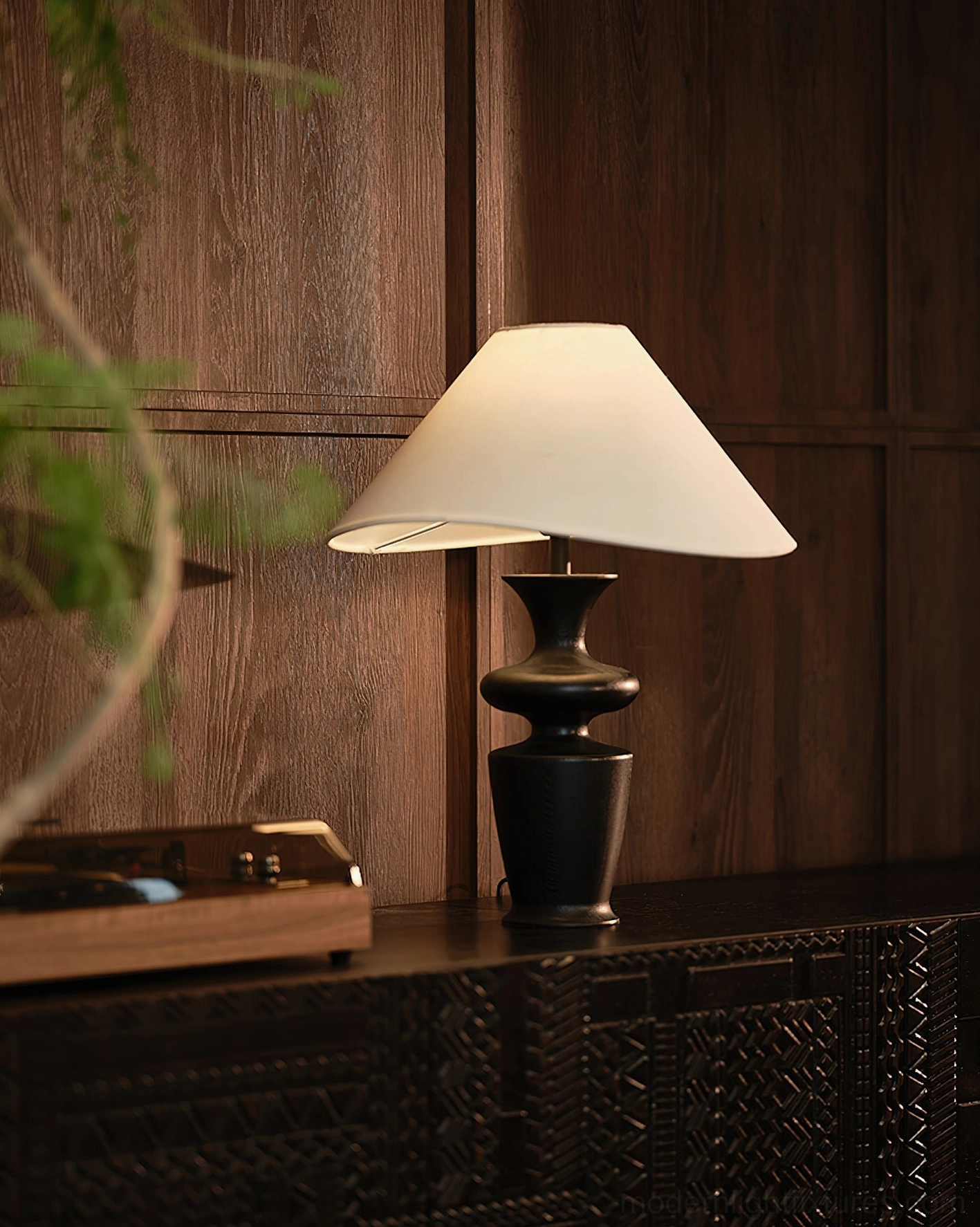 Contemporary ash wood table lamp on dark wood panel wall display, paired with decorative wooden tray and indoor home styling decor