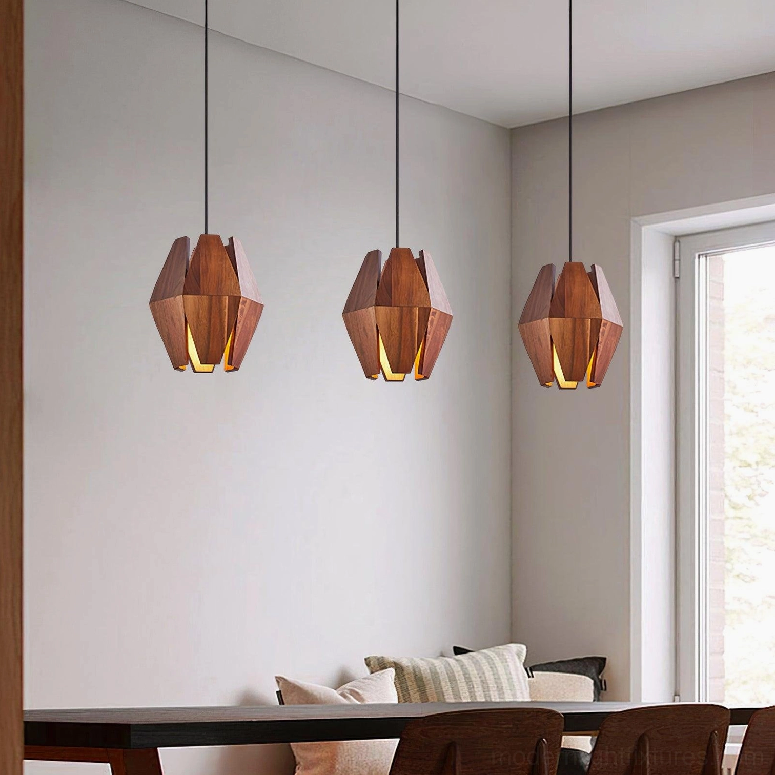 Contemporary pendant fixture with mixed wood and metal materials in minimalist style