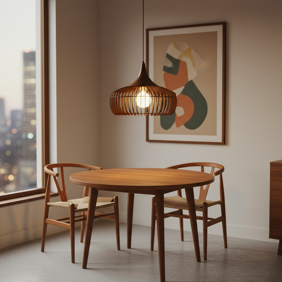 Multiple wood pendant lamps in contemporary interior space, versatile modern fixture styling