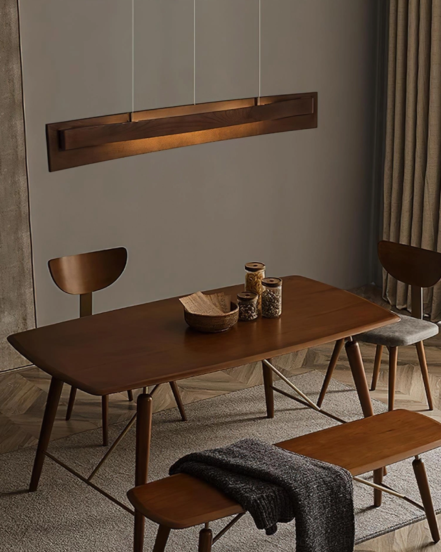 Modern wood pendant light mounted dining room walnut finish ambient lighting