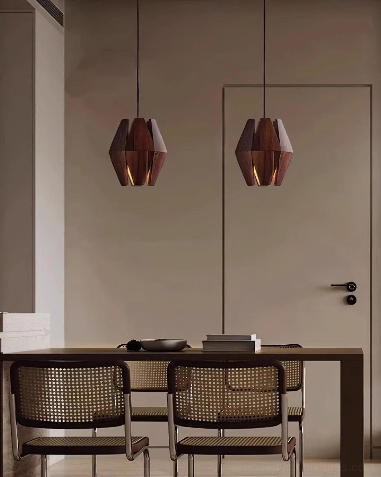 Contemporary wood pendant fixture as statement piece in modern interior design scheme