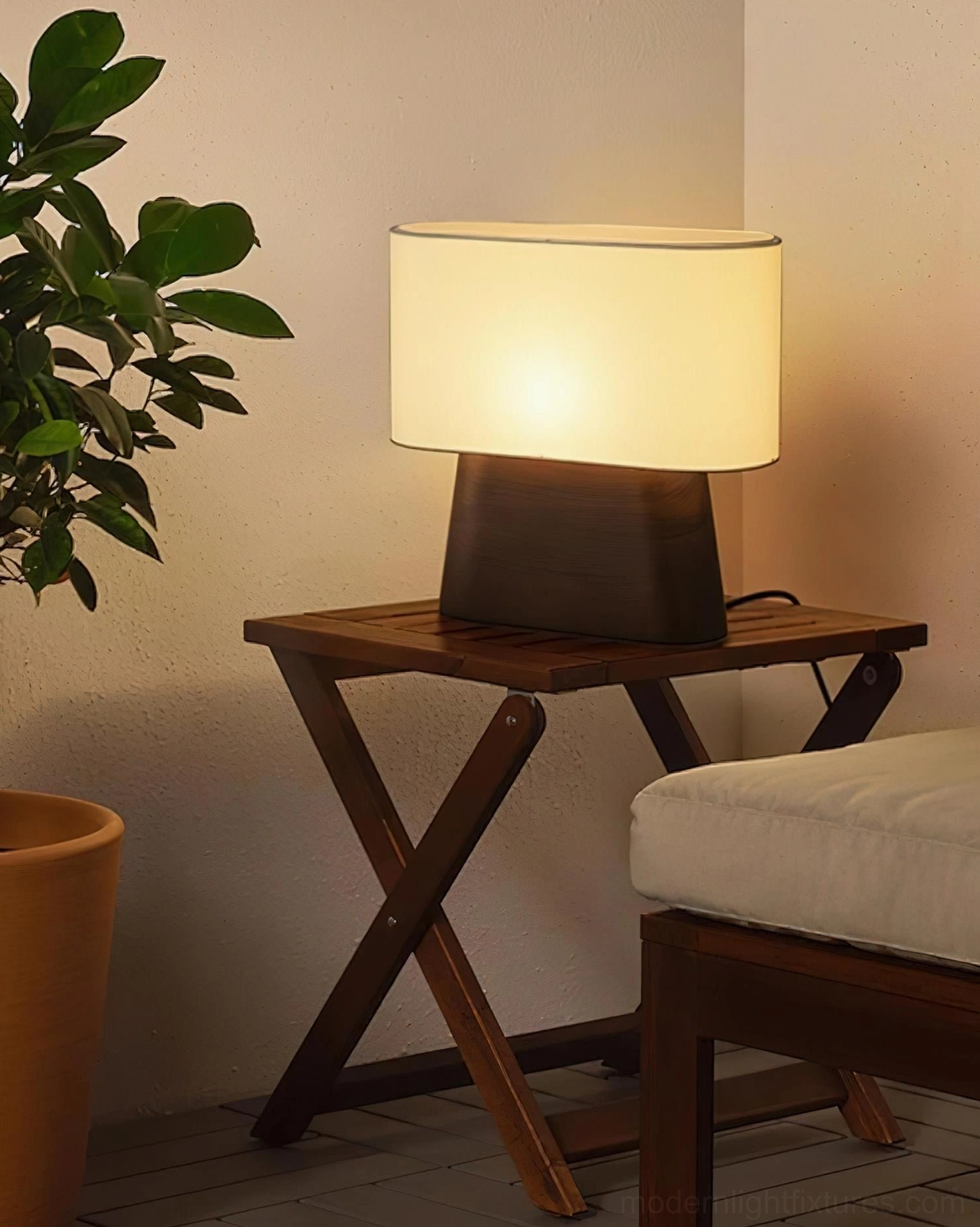 Contemporary table lamp showcasing wood grain texture and fabric diffuser in interior setting