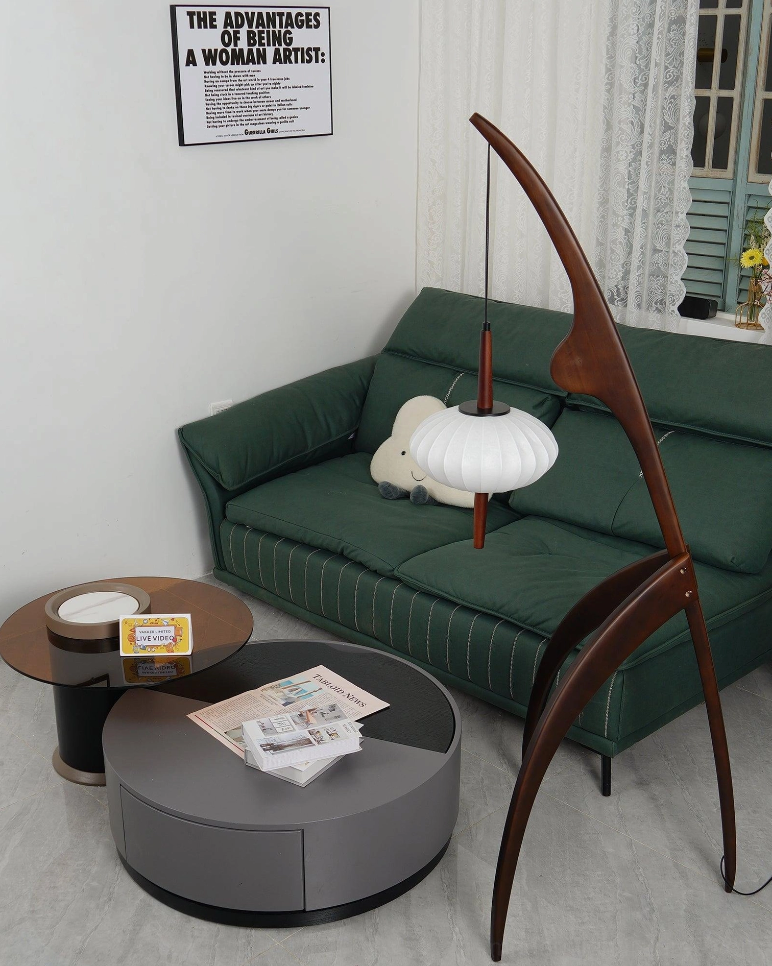 Contemporary wooden arc floor lamp with fabric lantern shade ambient lighting