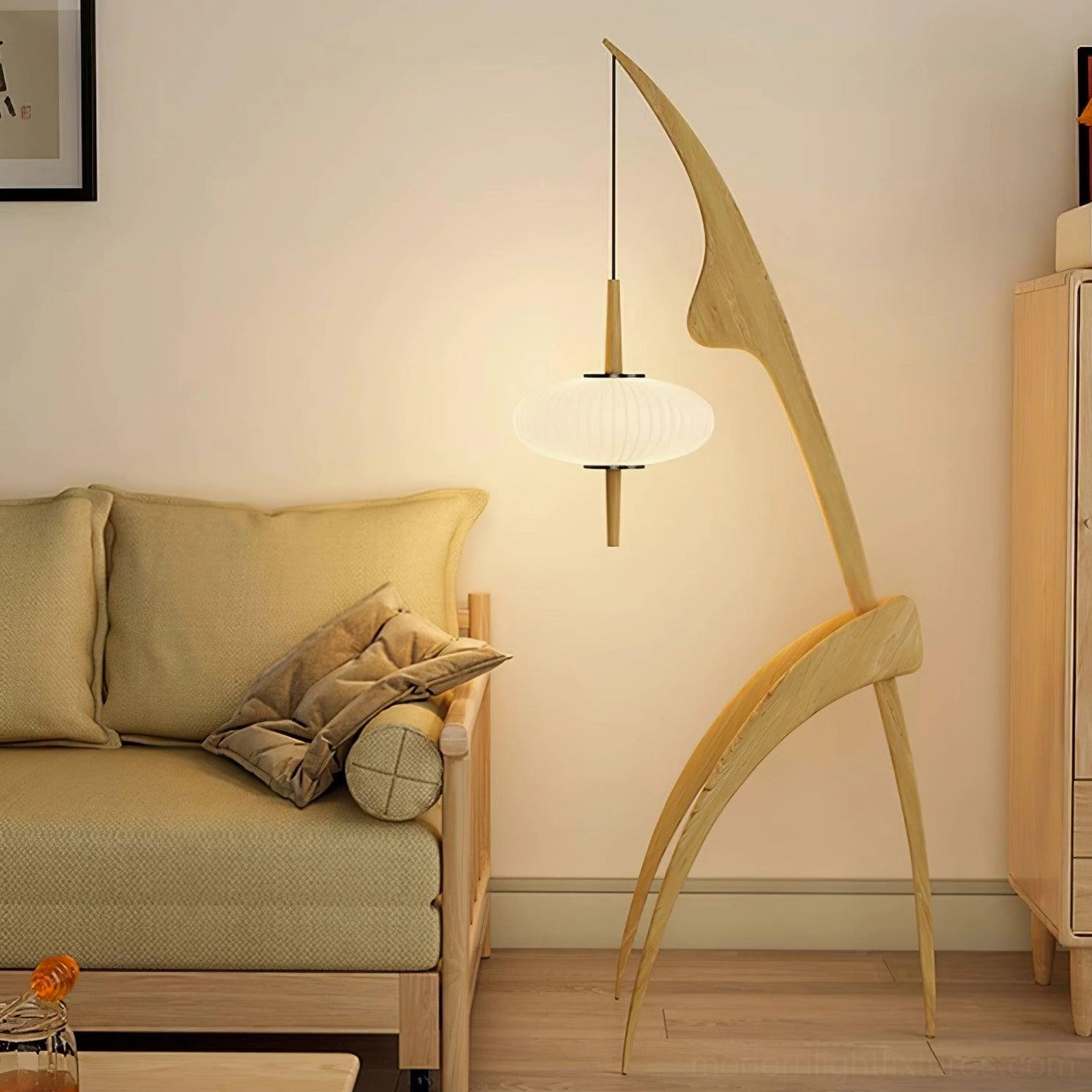 Contemporary wooden arc floor lamp with fabric shade installation view