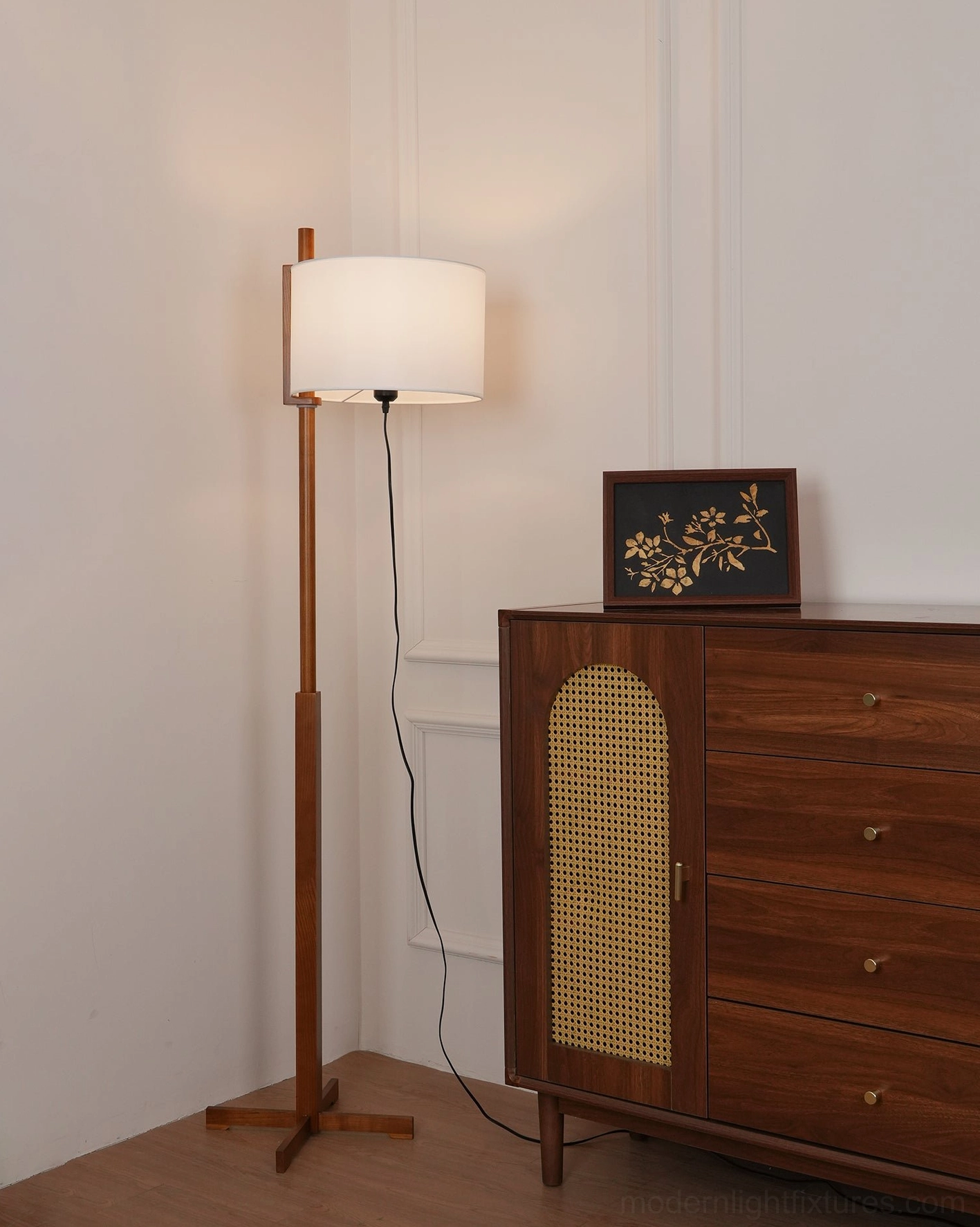 Contemporary wooden floor lamp in home interior setting, showcasing warm neutral décor styling and lighting functionality