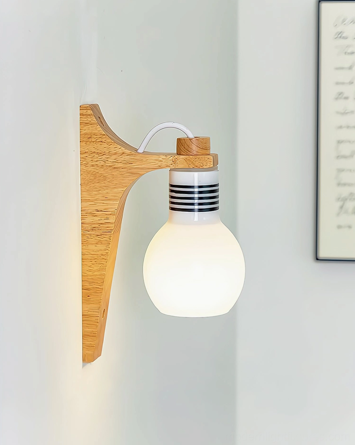 Contemporary globe wall lamp with natural wood finish and frosted glass, three-quarter side angle perspective