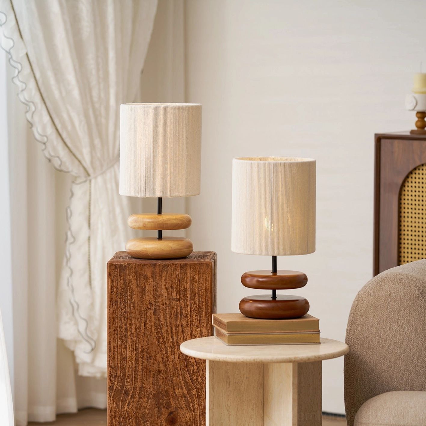 Contemporary wooden table lamp with fabric shade in residential bedroom decor