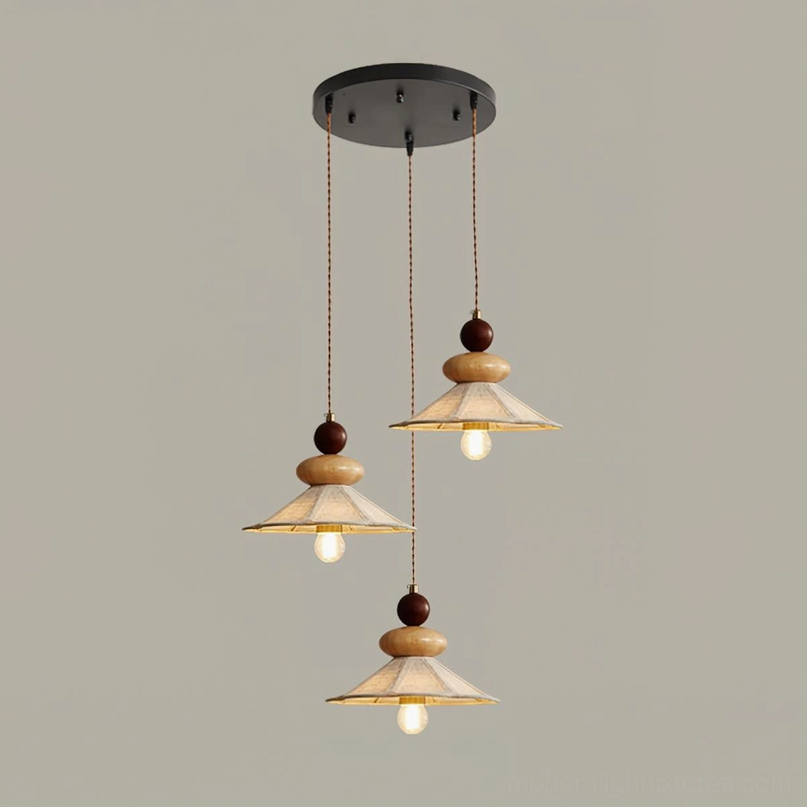 Contemporary wooden pendant light fixture with stacked timber design and pleated linen shade for modern home decor