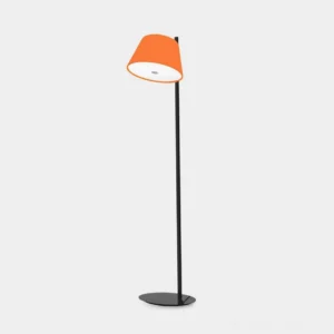 Orange tapered fabric shade Contra modern floor lamp with matte black metal pole and weighted base on white studio background