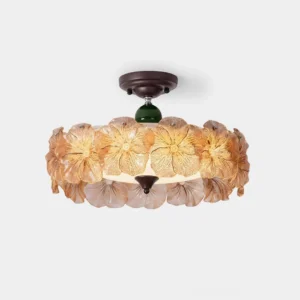 Coralia floral ceiling lamp with amber glass petals and dark brown metal base - front studio view