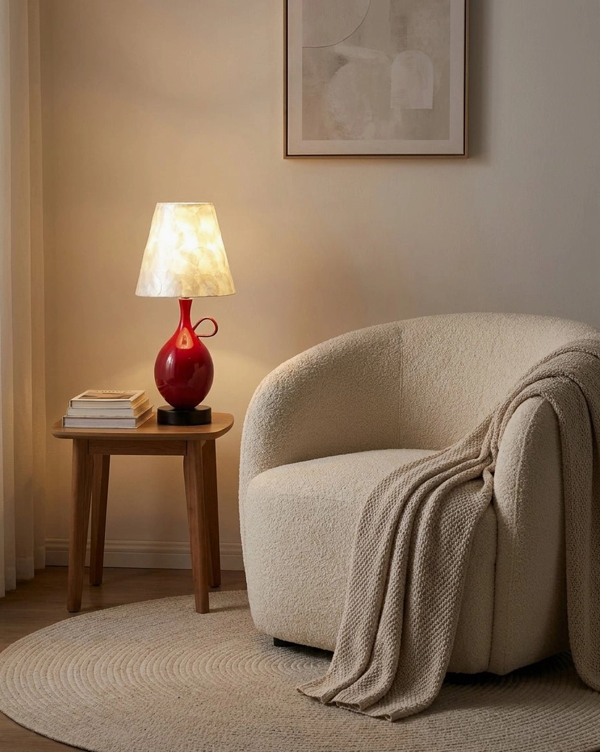 Coravie table lamp on tiny wood side table next to boucle accent chair in cozy reading corner with draped throw